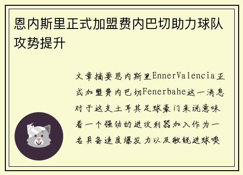 恩内斯里正式加盟费内巴切助力球队攻势提升